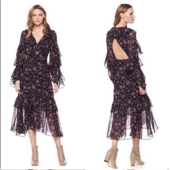 Amur Rumi Silk Wrap Midi Dress Size 0 Witchy Whimsigoth Dark Floral - Picture 1 of 11